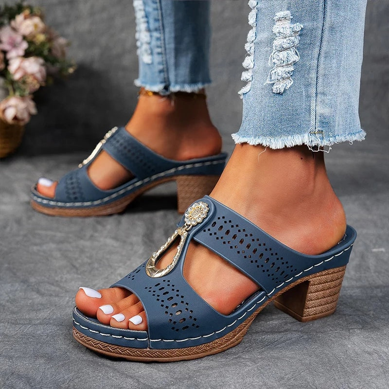 Eliza Winters Rhinestone Flower Cushioned Wedge Sandals