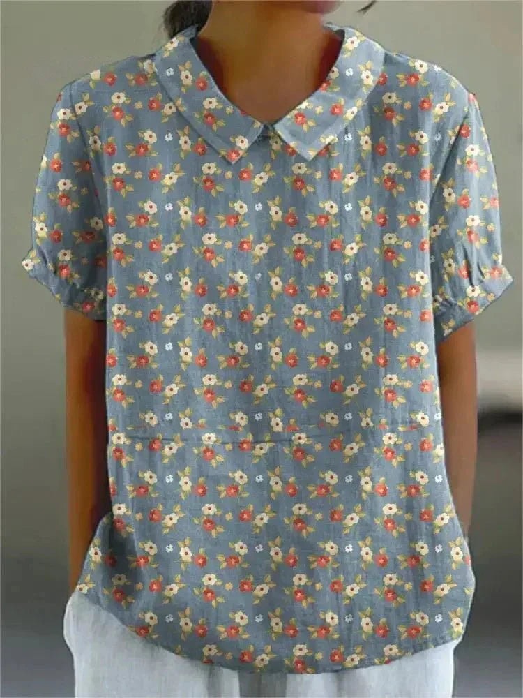 Floral Print Peter Pan Collar Short Sleeve Blouse for Women