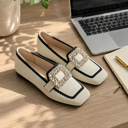 Crystal Buckle Square-Toe Knit Loafer Flats for Women