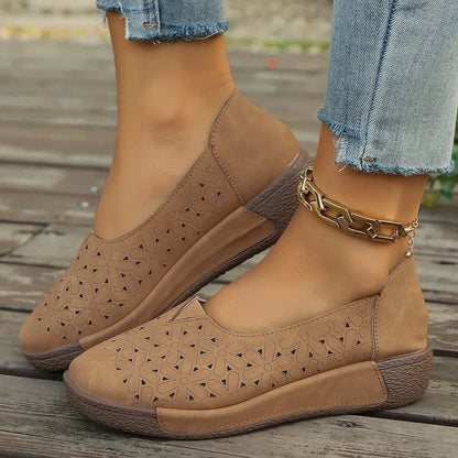 Slip-On Wedge Loafers with Floral Cut-Out Detail and Orthopedic Insole