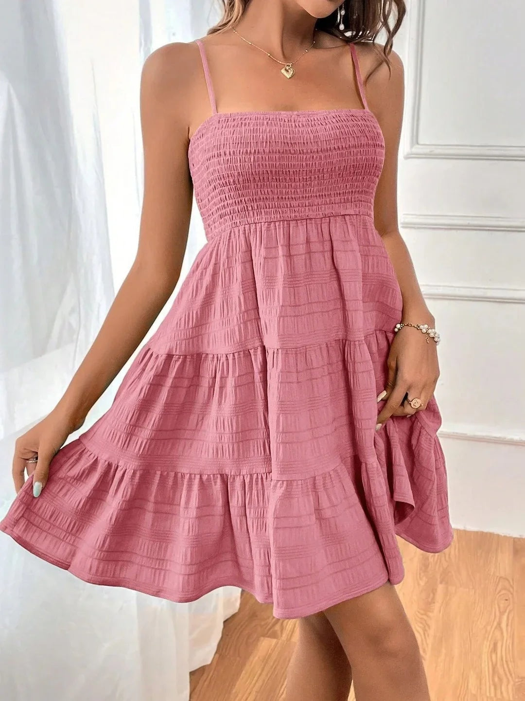Women's Smocked Summer Mini Dress with Tiered Ruffle Hem and Thin Straps