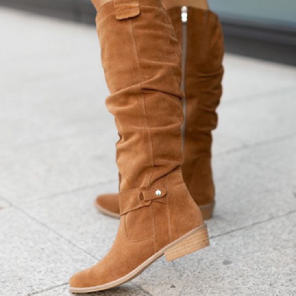 Suede Knee High Slouch Boots with Low Heel and Zipper Closure
