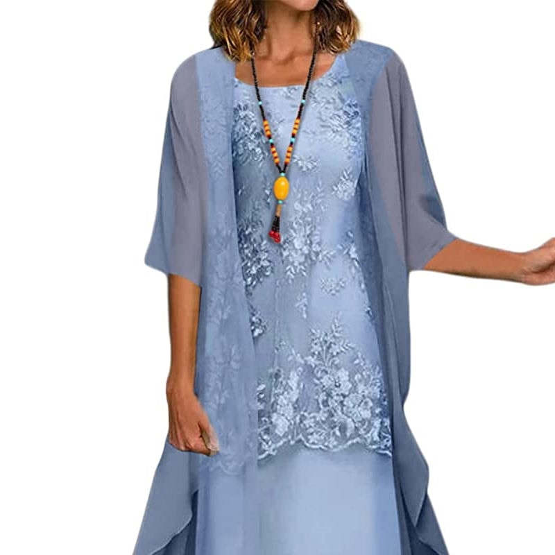 Women's Floral Lace Occasion Dress with Chiffon Duster Jacket Set