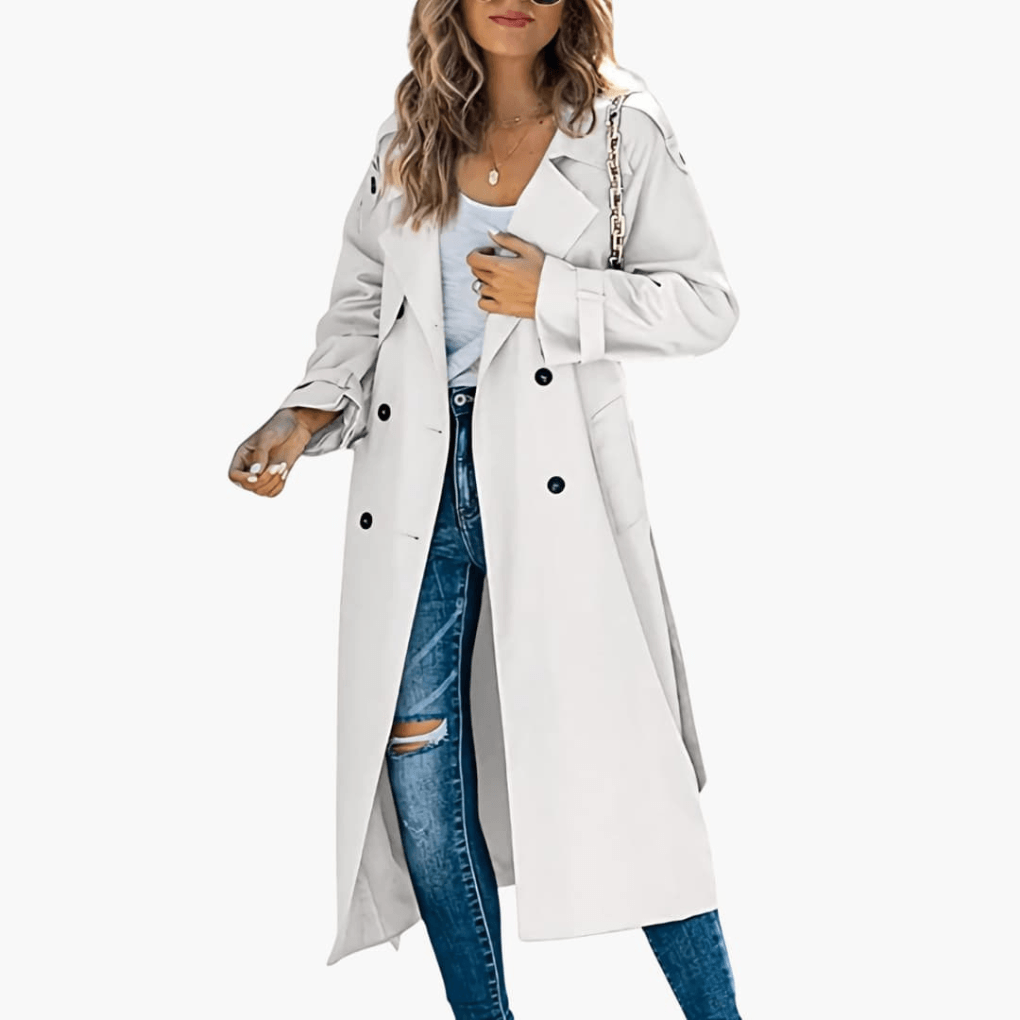 Double-Breasted Trench Coat with Adjustable Cuffs and Belted Waist
