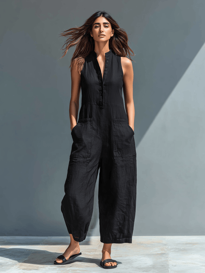 Women's High-Collar Linen Blend Jumpsuit with Button Front and Pockets