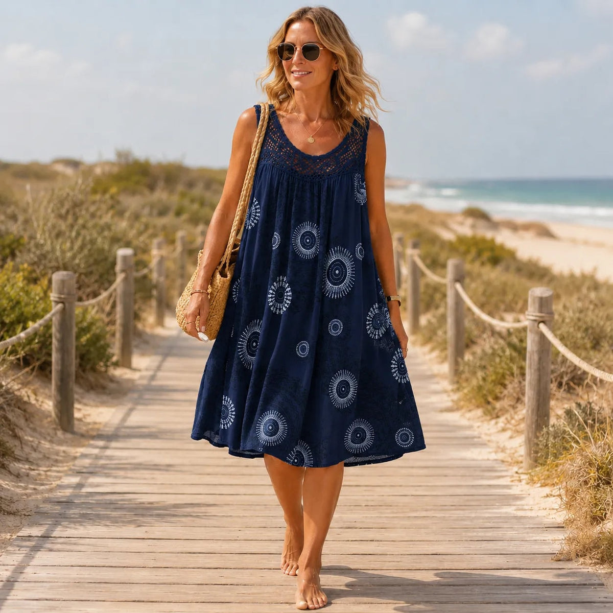 Women's Sleeveless Lace-Yoke A-Line Sundress with Sunburst Print