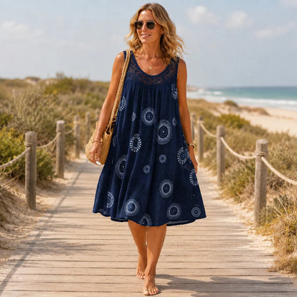 Women's Sleeveless Lace-Yoke A-Line Sundress with Sunburst Print
