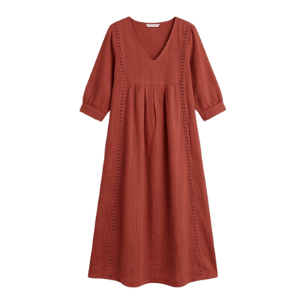 Women's Relaxed Linen-Cotton Summer Midi Dress with Lace Trim and Pockets