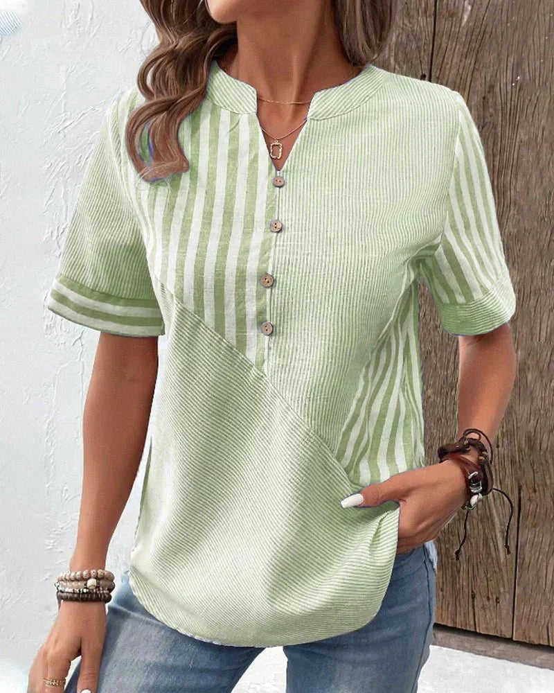 Women's Striped Button-Front Top with Short Sleeves