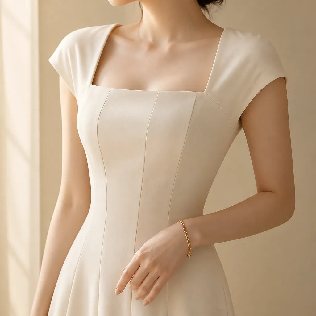 Elowyn Square Neck A-Line Women's Midi Dress with Sculpted Waist Seams