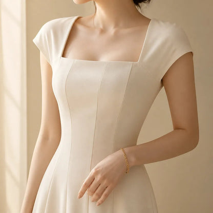 Elowyn Square Neck A-Line Women's Midi Dress with Sculpted Waist Seams