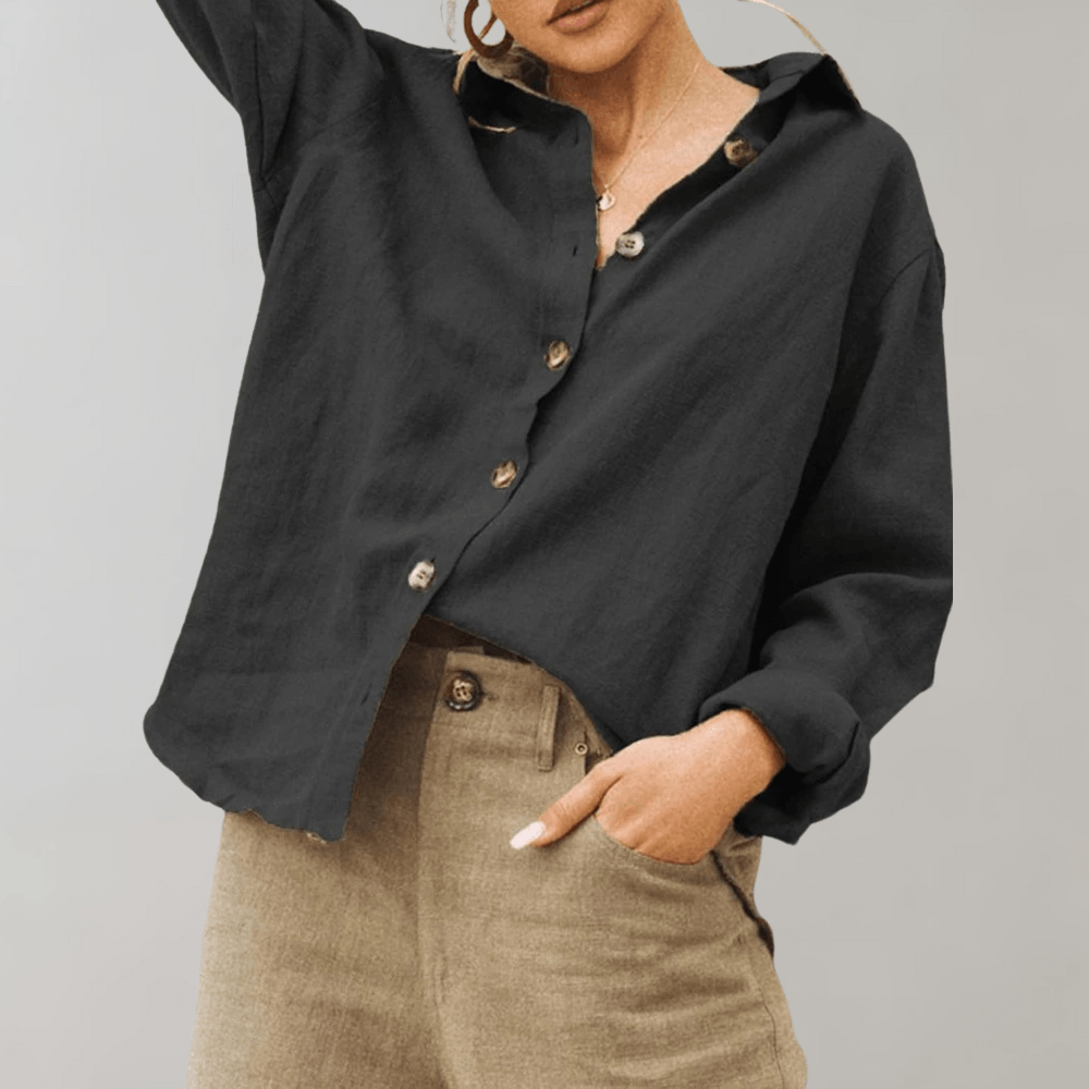 Women's Oversized Linen Blend Button-Up Blouse with Long Sleeves