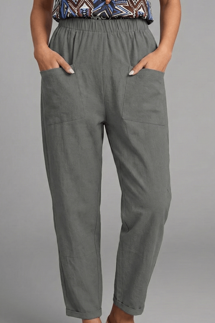 Tapered Ankle-Length Pants with Elastic Waist and Large Patch Pockets