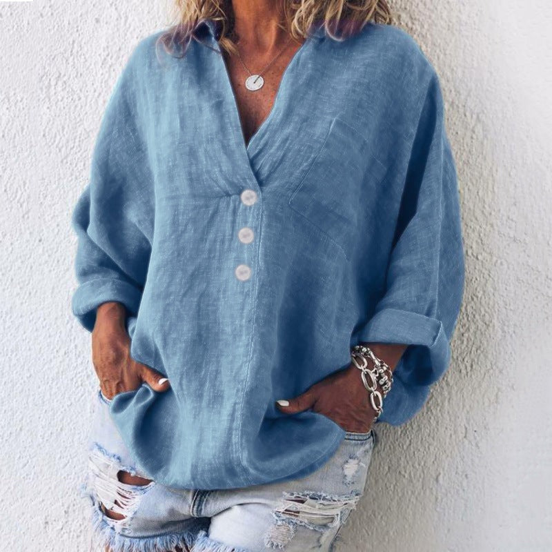 Women's Long Sleeve Button-Up Polyester Blouse with Chest Pocket