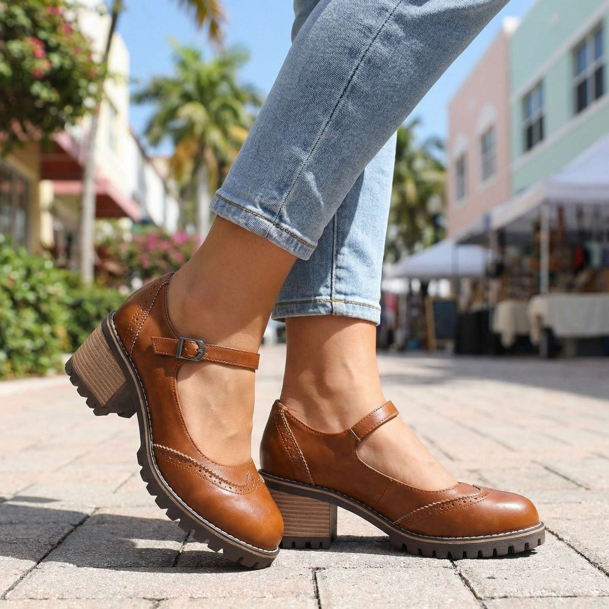Comfortable Brogue Mary Jane Shoes with Block Heel and Buckle Strap