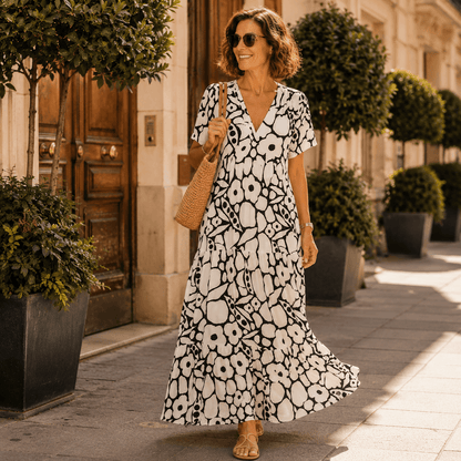 Georgiana Floral Summer Maxi Dress with Short Sleeves and Tiered Skirt