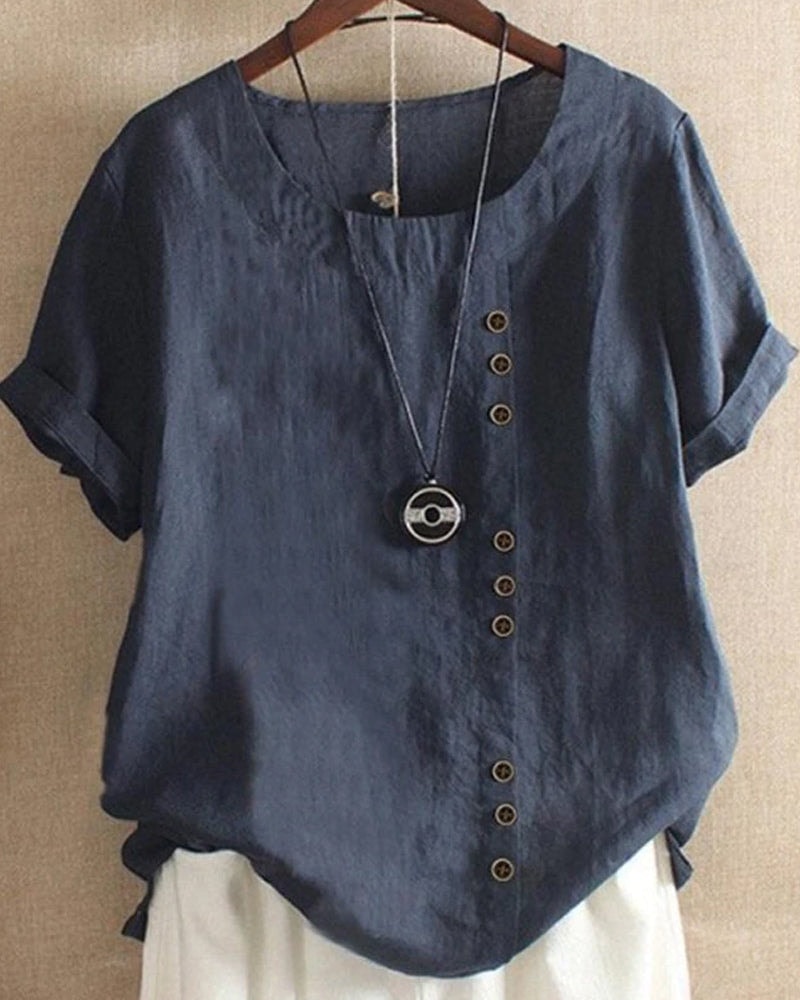 Halvorn Relaxed Linen Summer Top with Short Sleeves and Side Button Detail