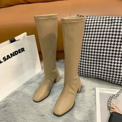 Elena Whitmore | Women's Knee-High Block Heel Work Boots in Synthetic Leather