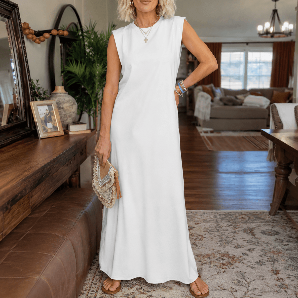 Marella Sleeveless Wrinkle-Free Split-Hem Summer Midi Dress with Pockets