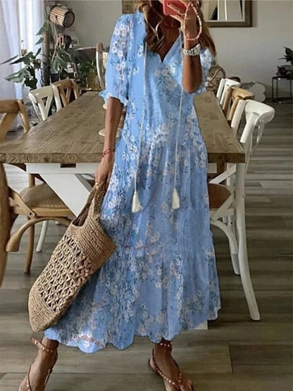 Joanne Tassel-Tie Ikat Print Cotton Blend Women's Midi Dress with Tummy Coverage