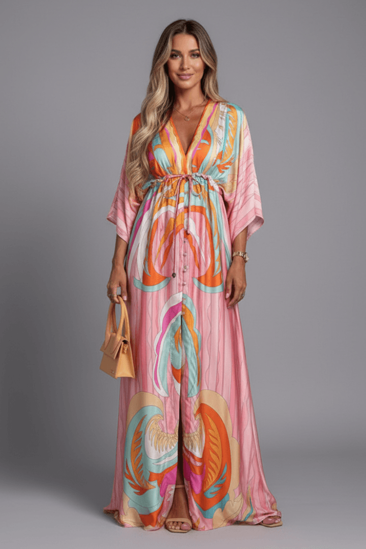 Serena Bellini | Bohemian Tropical Print Maxi Dress with Tie Waist