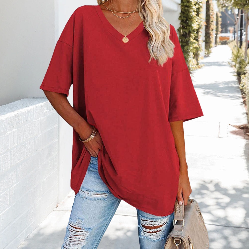 Oversized Cotton V-Neck Short Sleeve Top for Women