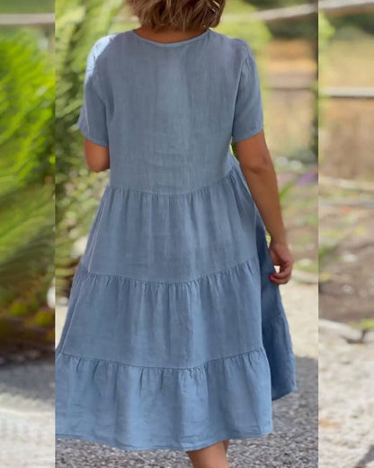 Elsie Tiered V-Neck Cotton Linen Summer Dress with Short Sleeves