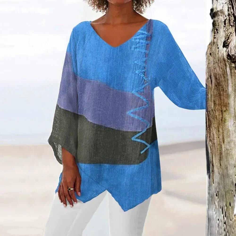 Nora Fitzgerald Colorblock Linen Blouse with Long Sleeves for Women