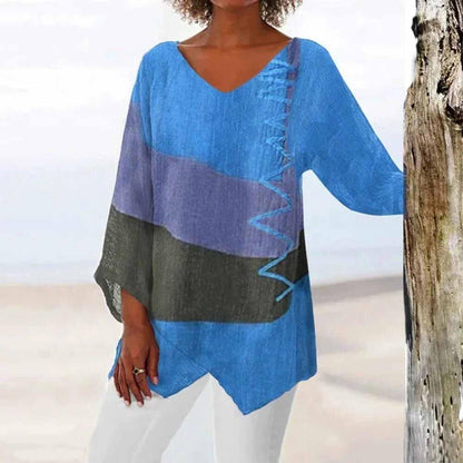Nora Fitzgerald Colorblock Linen Blouse with Long Sleeves for Women