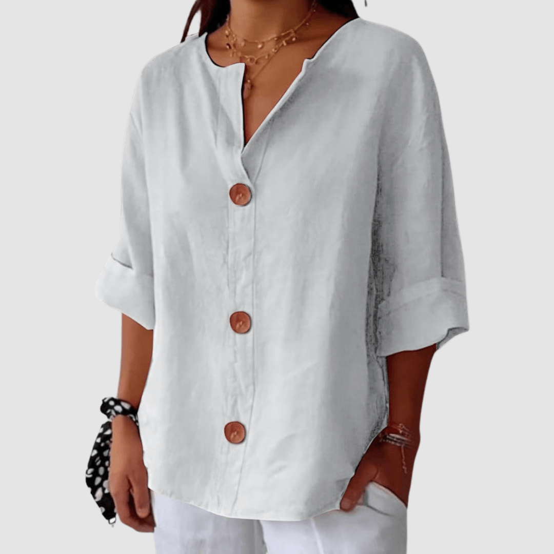 Leah Casual Linen Blouse with V-Neck Button Front and Rolled Sleeves