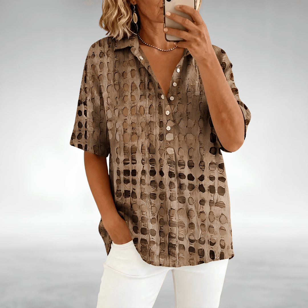 Loose Fit Linen Blend Summer Top with Abstract Dot Print and Short Sleeves