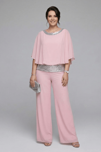 Women's Matching Two-Piece Set with Sequin Chiffon Cape Top and Wide-Leg Pants
