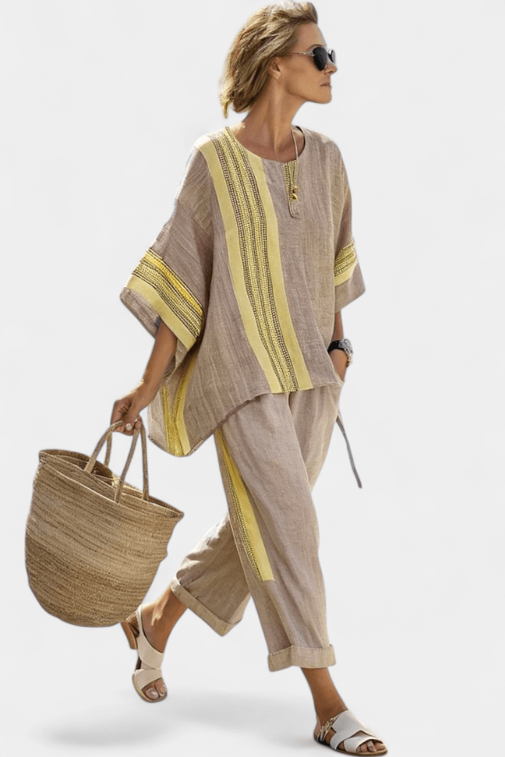 Matching Two-Piece Set with Oversized Striped Linen Top and Wide-Leg Pants