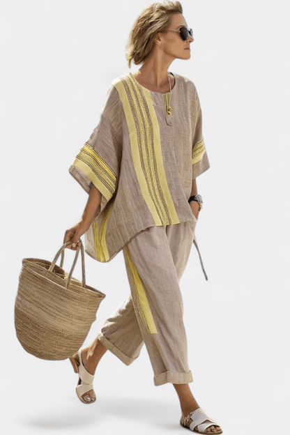 Matching Two-Piece Set with Oversized Striped Linen Top and Wide-Leg Pants