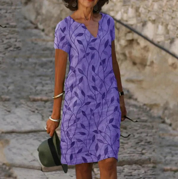 Leaf Print V-Neck Short Sleeve Knee-Length Shift Dress for Everyday Wear
