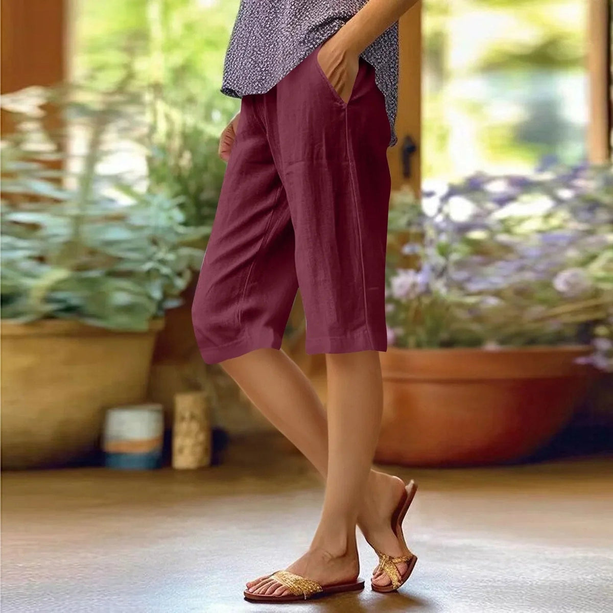 Women's Linen Blend Cropped Shorts with Elastic Waist