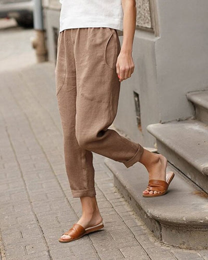 Sage Relaxed Cropped Pants with Elastic Waist and Cuffed Hem