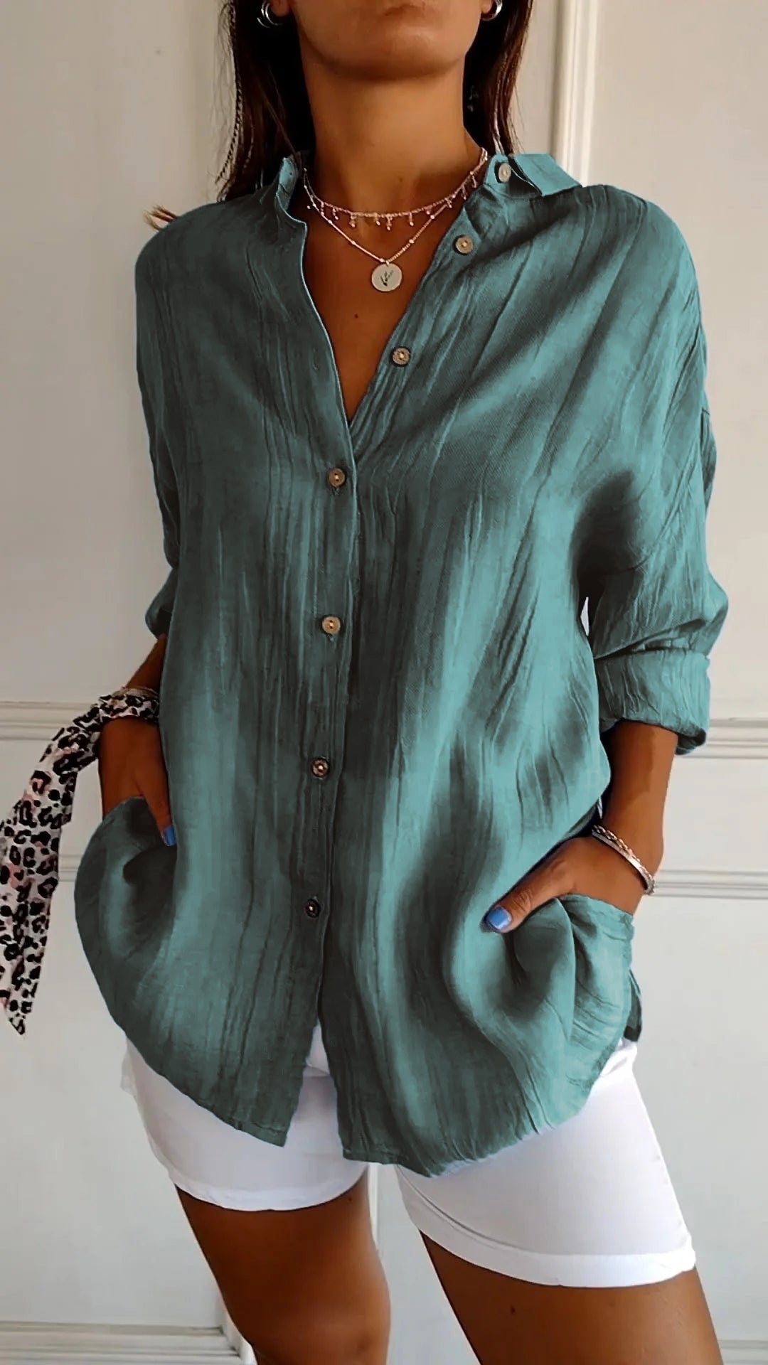 Sasha Pleated Cotton Blend Long-Sleeve Blouse for Women with Button-Up Front