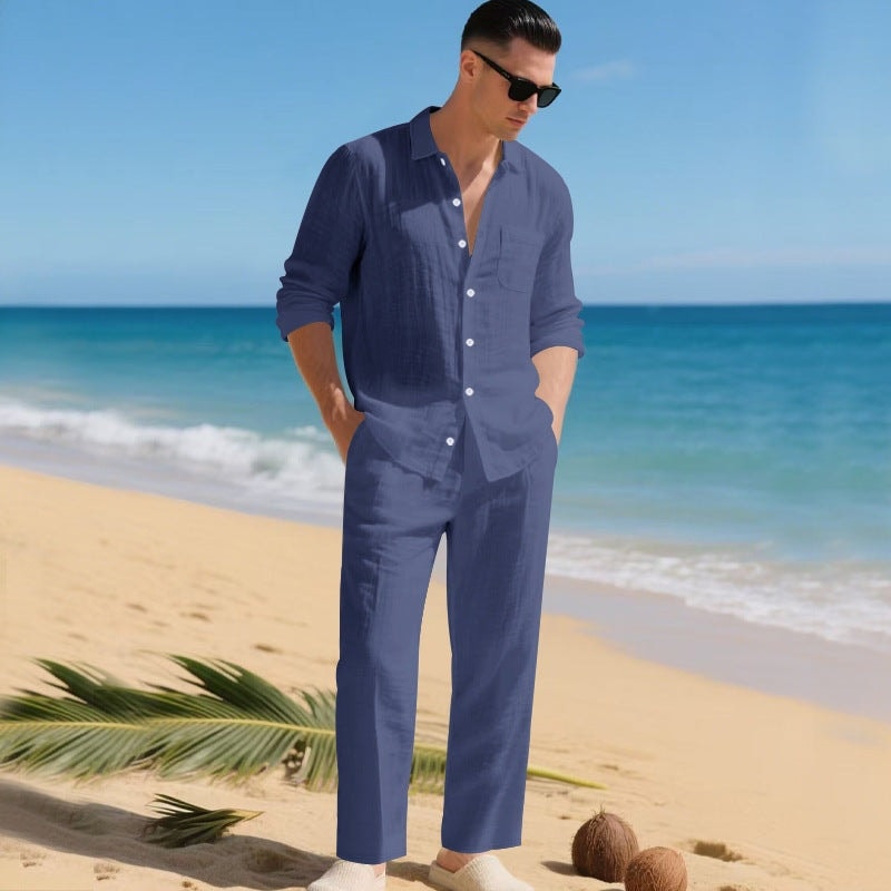 Men's Linen Blend Long-Sleeve Shirt and Pants Two-Piece Set