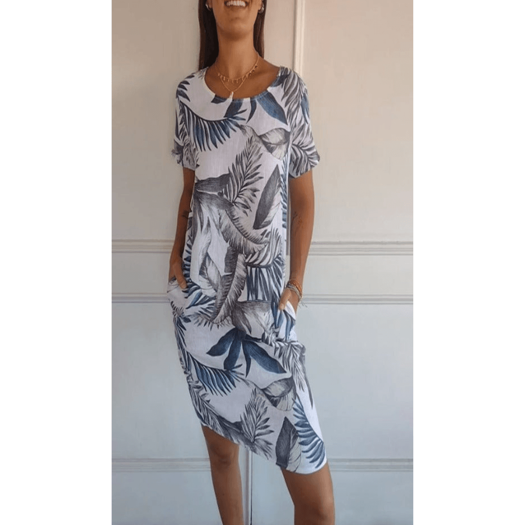 Women's Floral Print Round-Neck Midi Dress with Pockets