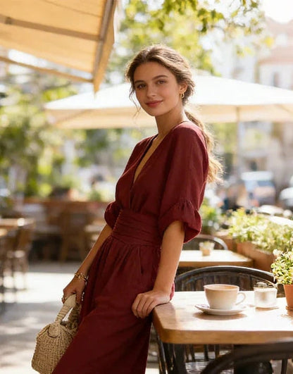 Linen V-Neck Wide-Leg Jumpsuit with Wrap Front and Short Sleeves