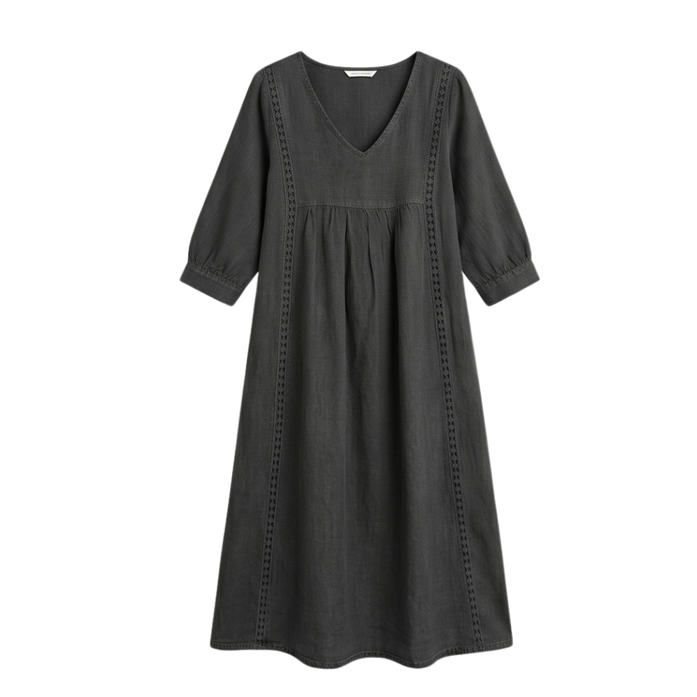 Women's Relaxed Linen-Cotton Summer Midi Dress with Lace Trim and Pockets