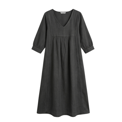 Women's Relaxed Linen-Cotton Summer Midi Dress with Lace Trim and Pockets