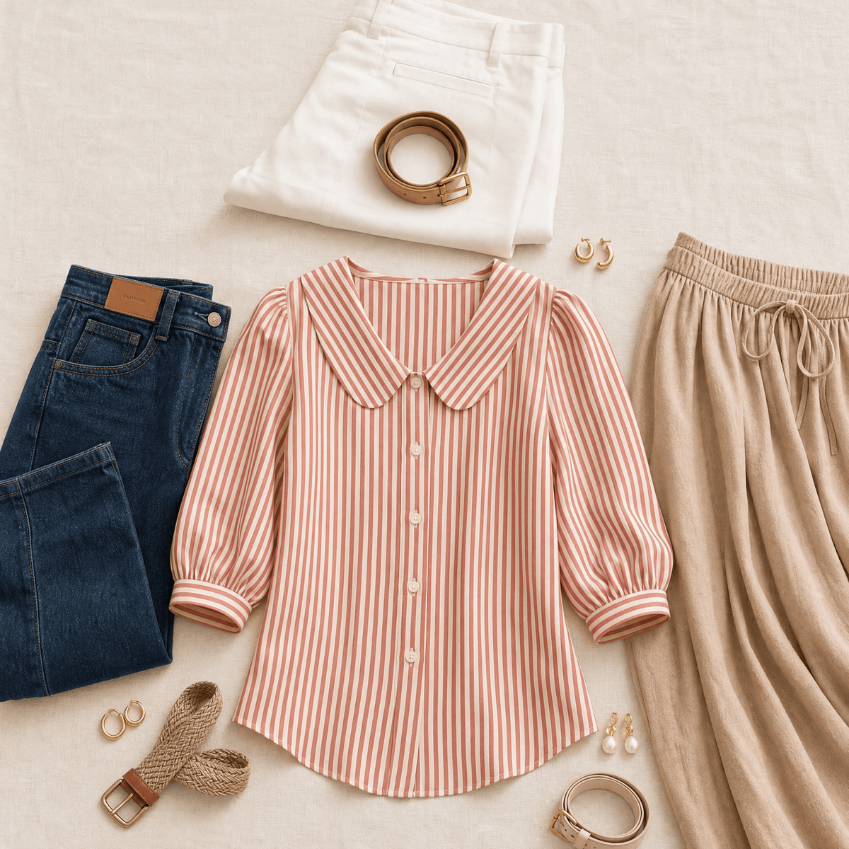 Solène Striped Sailor Collar Top with Puff Sleeves for Women