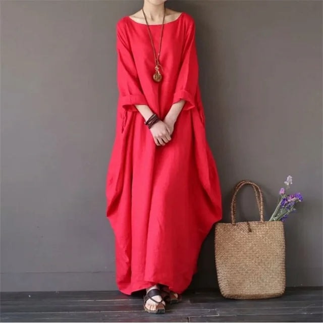 Relaxed Fit Cotton Maxi Dress with Mid-Length Sleeves and Swing Skirt