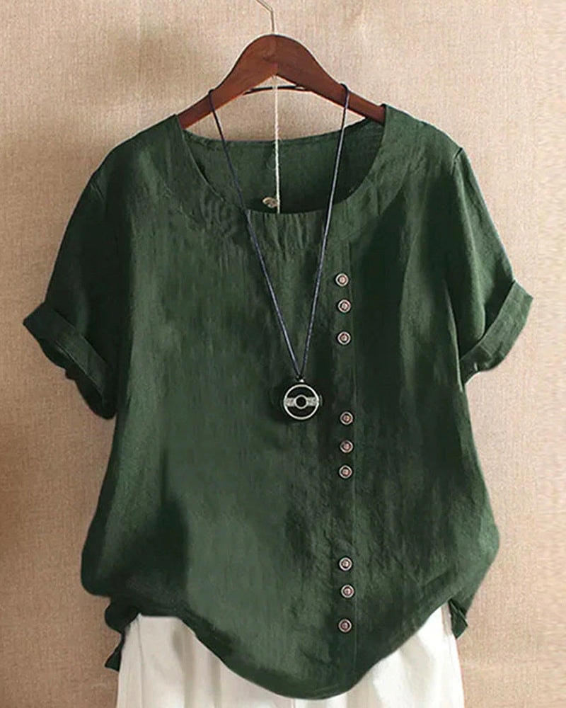 Halvorn Relaxed Linen Summer Top with Short Sleeves and Side Button Detail