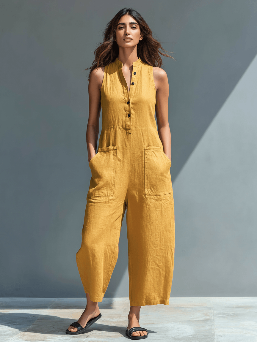 Women's High-Collar Linen Blend Jumpsuit with Button Front and Pockets