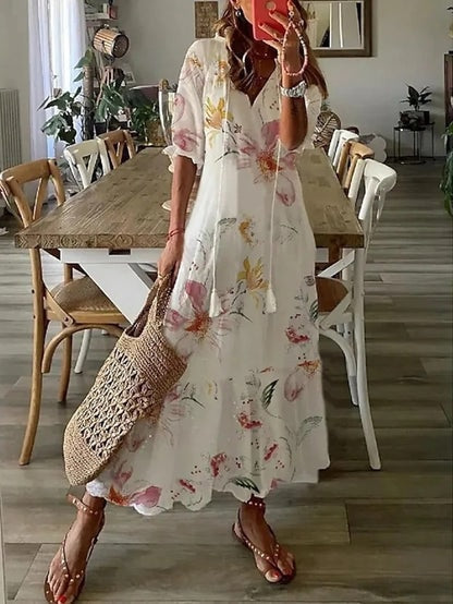 Joanne Tassel-Tie Ikat Print Cotton Blend Women's Midi Dress with Tummy Coverage