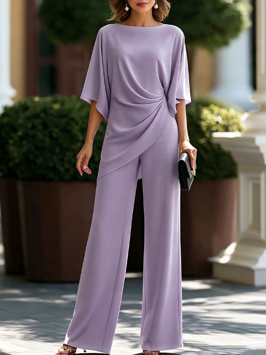 Women's Matching Two-Piece Set with Draped Blouse and Wide-Leg Pants