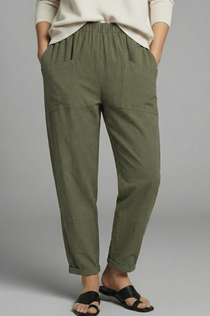 Tapered Ankle-Length Pants with Elastic Waist and Large Patch Pockets